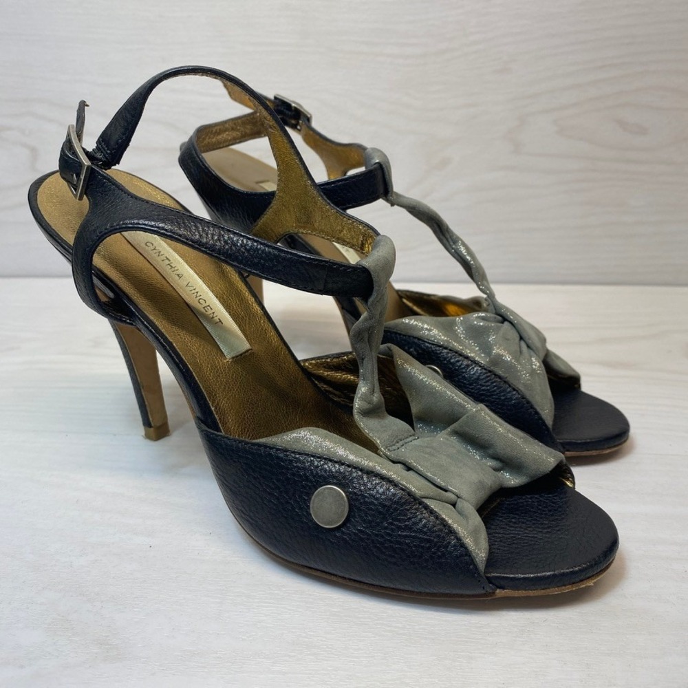 Cynthia Vincent Womens 8.5 Heel Slingback T-Strap Black‎ Leather Gray Peep Toe